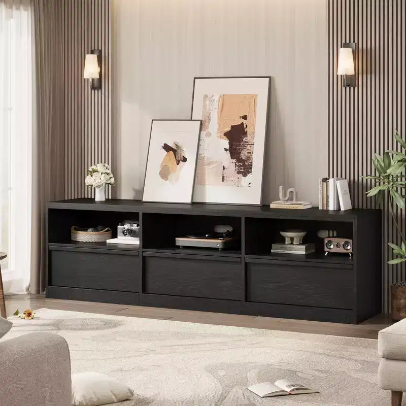 Meuble TV scandinave de 177,8 cm pour téléviseurs jusqu'à 203,2 cm, meuble de divertissement en bois avec 3 tiroirs et étagères ouvertes