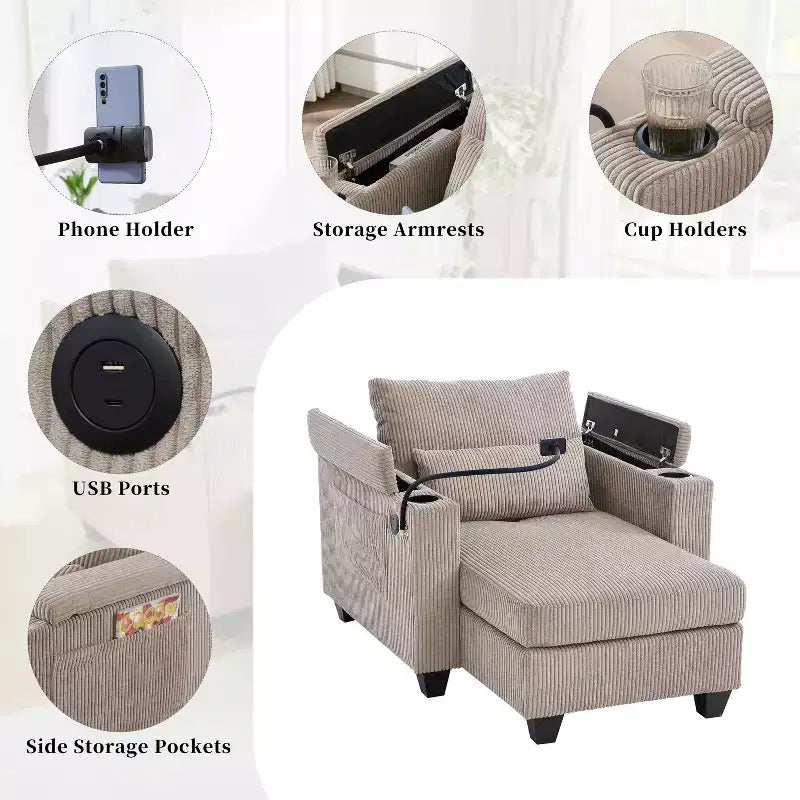 MAYEERTY Canapé convertible en velours côtelé avec ports, porte-gobelets et grand espace de rangement pour salon, marron