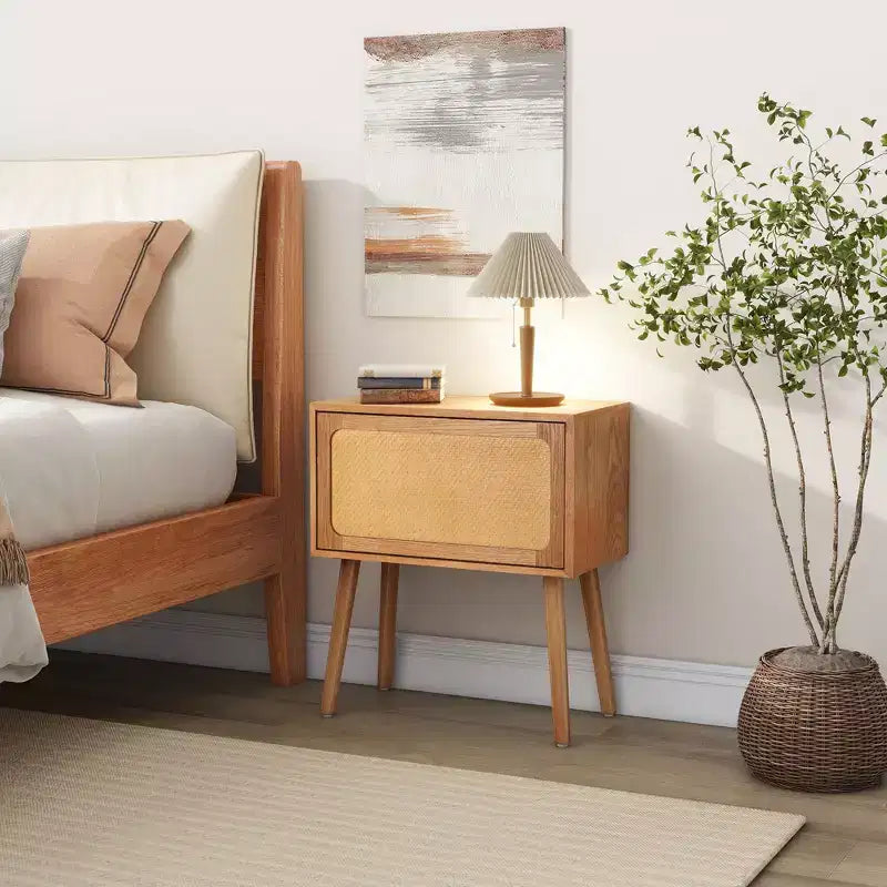 JVNOXK 22-inch Swivel Hidden Storage Bedside Table Mid-Century Modern Rattan Wood Leg Side Table Suitable for Bedrooms Natural Finish