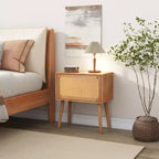 JVNOXK 22-inch Swivel Hidden Storage Bedside Table Mid-Century Modern Rattan Wood Leg Side Table Suitable for Bedrooms Natural Finish