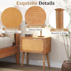 JVNOXK 22-inch Swivel Hidden Storage Bedside Table Mid-Century Modern Rattan Wood Leg Side Table Suitable for Bedrooms Natural Finish