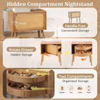 JVNOXK 22-inch Swivel Hidden Storage Bedside Table Mid-Century Modern Rattan Wood Leg Side Table Suitable for Bedrooms Natural Finish