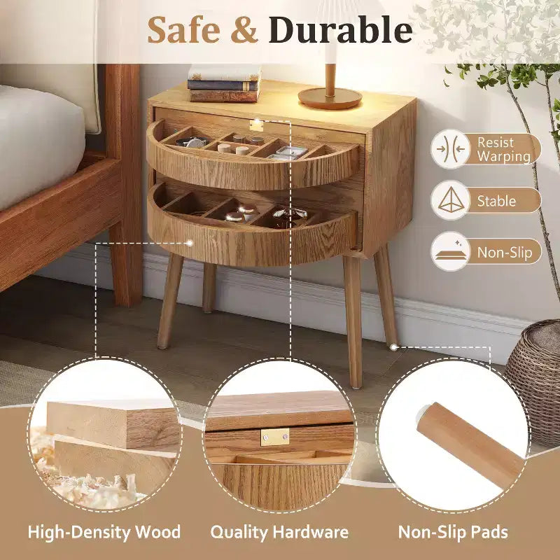 JVNOXK 22-inch Swivel Hidden Storage Bedside Table Mid-Century Modern Rattan Wood Leg Side Table Suitable for Bedrooms Natural Finish