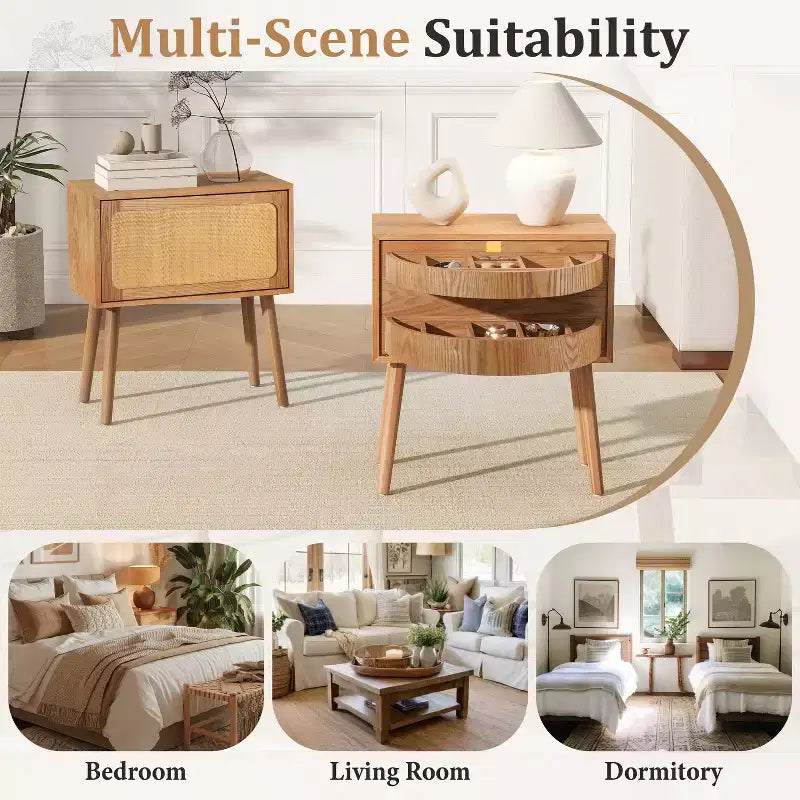 JVNOXK 22-inch Swivel Hidden Storage Bedside Table Mid-Century Modern Rattan Wood Leg Side Table Suitable for Bedrooms Natural Finish