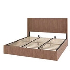 JVNOXK Extra-Large Wave-Pattern Storage Bed Frame with Lift-Up Storage Function, Springless/Noise-Free, Brown Slatted Natural Wood, Brown