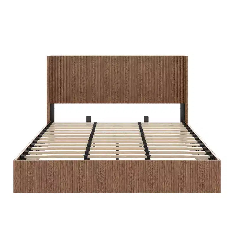 JVNOXK Extra-Large Wave-Pattern Storage Bed Frame with Lift-Up Storage Function, Springless/Noise-Free, Brown Slatted Natural Wood, Brown
