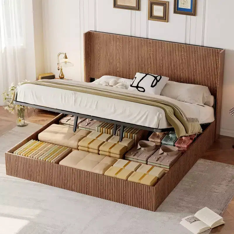 JVNOXK Extra-Large Wave-Pattern Storage Bed Frame with Lift-Up Storage Function, Springless/Noise-Free, Brown Slatted Natural Wood, Brown