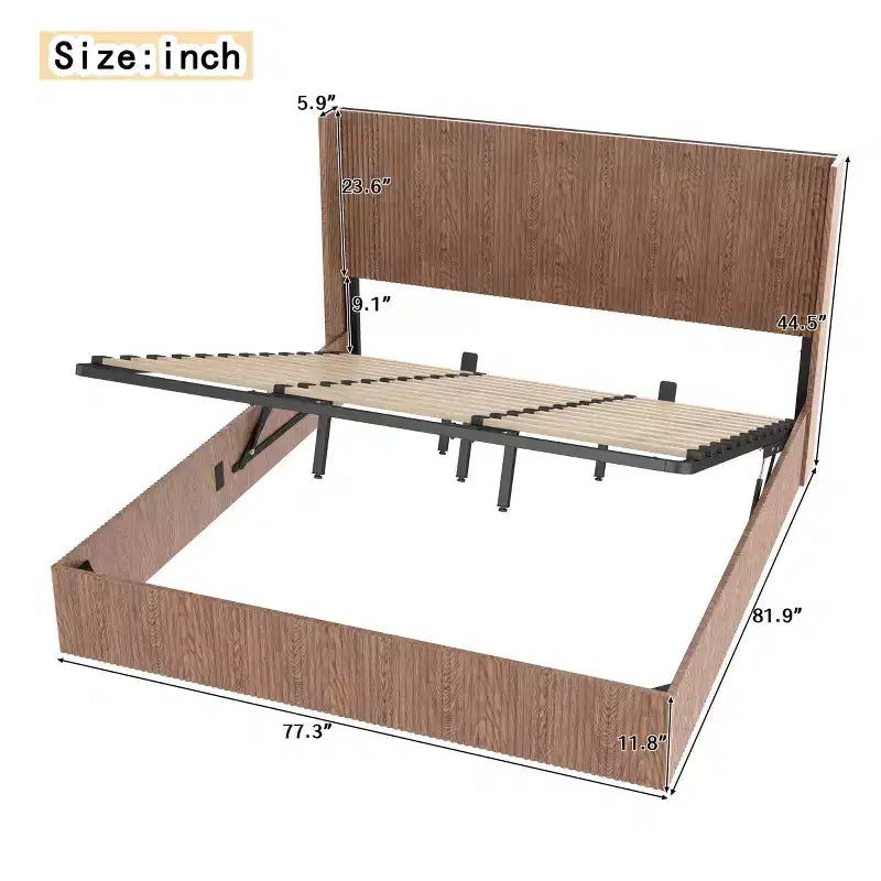 JVNOXK Extra-Large Wave-Pattern Storage Bed Frame with Lift-Up Storage Function, Springless/Noise-Free, Brown Slatted Natural Wood, Brown