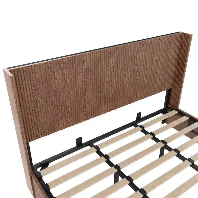 JVNOXK Extra-Large Wave-Pattern Storage Bed Frame with Lift-Up Storage Function, Springless/Noise-Free, Brown Slatted Natural Wood, Brown