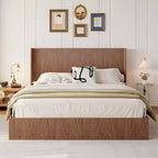 JVNOXK Extra-Large Wave-Pattern Storage Bed Frame with Lift-Up Storage Function, Springless/Noise-Free, Brown Slatted Natural Wood, Brown
