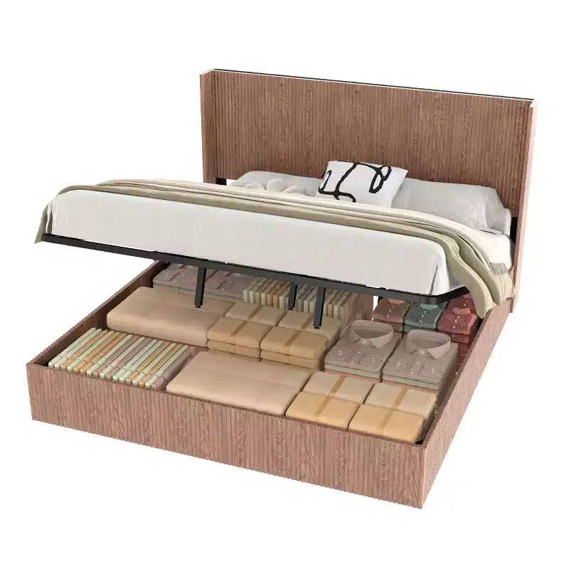 JVNOXK Extra-Large Wave-Pattern Storage Bed Frame with Lift-Up Storage Function, Springless/Noise-Free, Brown Slatted Natural Wood, Brown