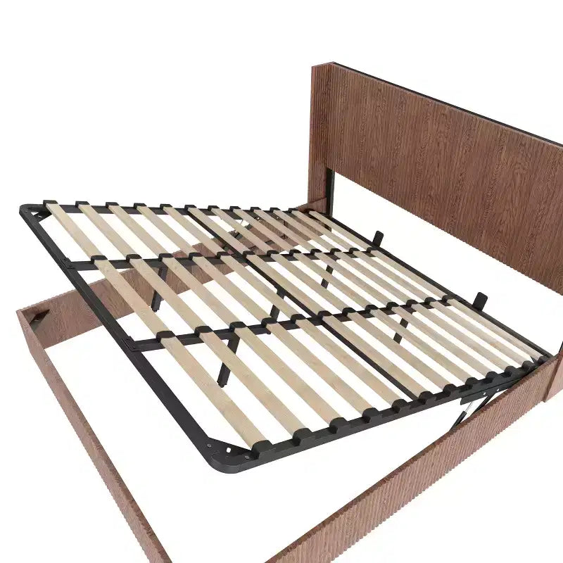 JVNOXK Extra-Large Wave-Pattern Storage Bed Frame with Lift-Up Storage Function, Springless/Noise-Free, Brown Slatted Natural Wood, Brown