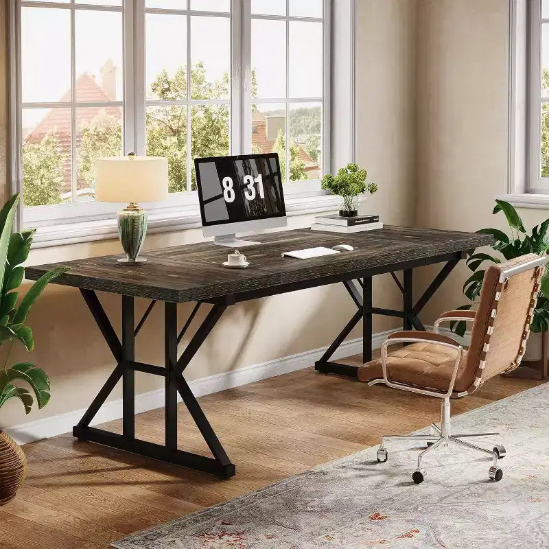 Grand bureau de direction Lantine de 70,86 pouces, bureau d'ordinateur industriel pour la maison, longue table d'étude simple, mobilier de bureau (chêne/noir)