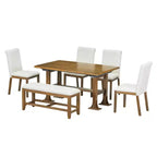 6 Pieces Dining Table Set with Bench for 6, Kitchen Table Set with Storage Drawer and 4 Upholstered Dining Chairs