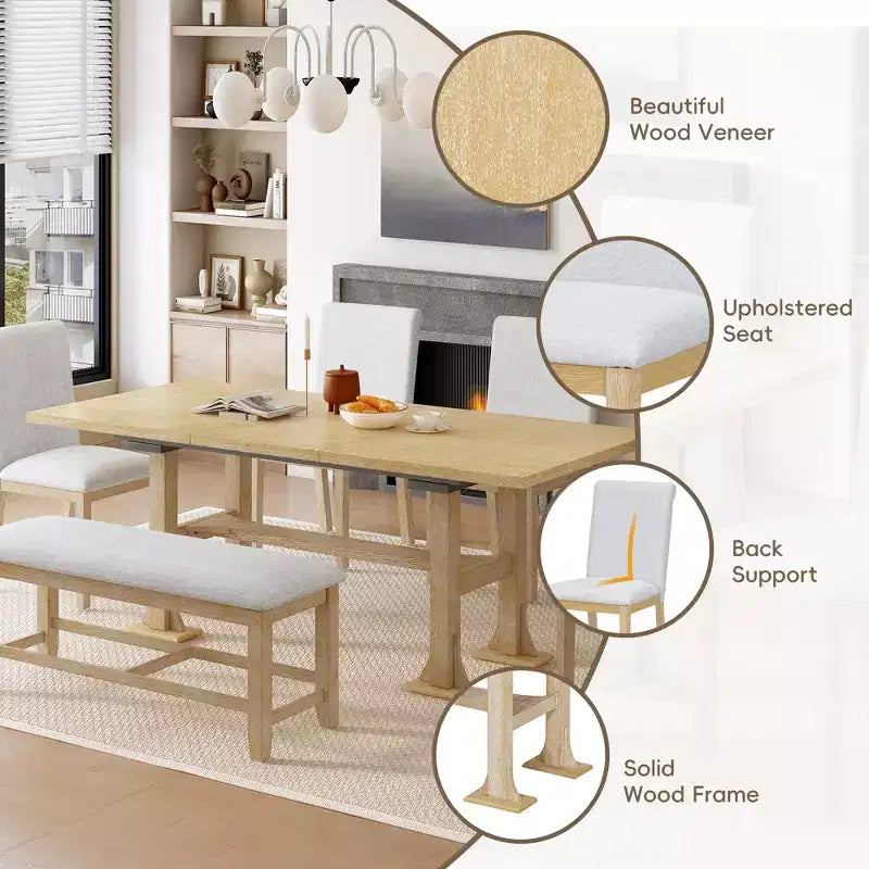 6 Pieces Dining Table Set with Bench for 6, Kitchen Table Set with Storage Drawer and 4 Upholstered Dining Chairs