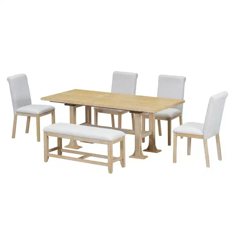6 Pieces Dining Table Set with Bench for 6, Kitchen Table Set with Storage Drawer and 4 Upholstered Dining Chairs