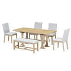 6 Pieces Dining Table Set with Bench for 6, Kitchen Table Set with Storage Drawer and 4 Upholstered Dining Chairs