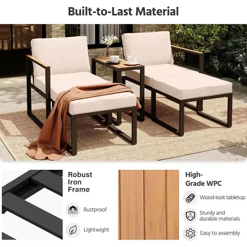 LAUSAINT HOME 5 Pieces Outdoor Conversation Set with Thick Cushions 2 Ottomans&Side Table