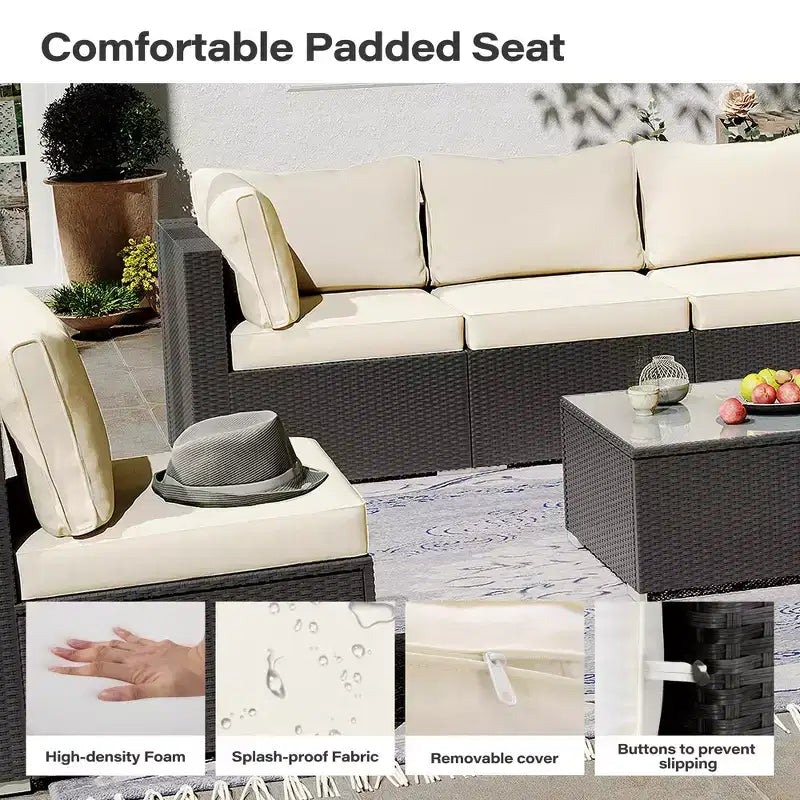 Ensemble de conversation en osier 7 pièces LAUSAINT HOME avec coussins beiges