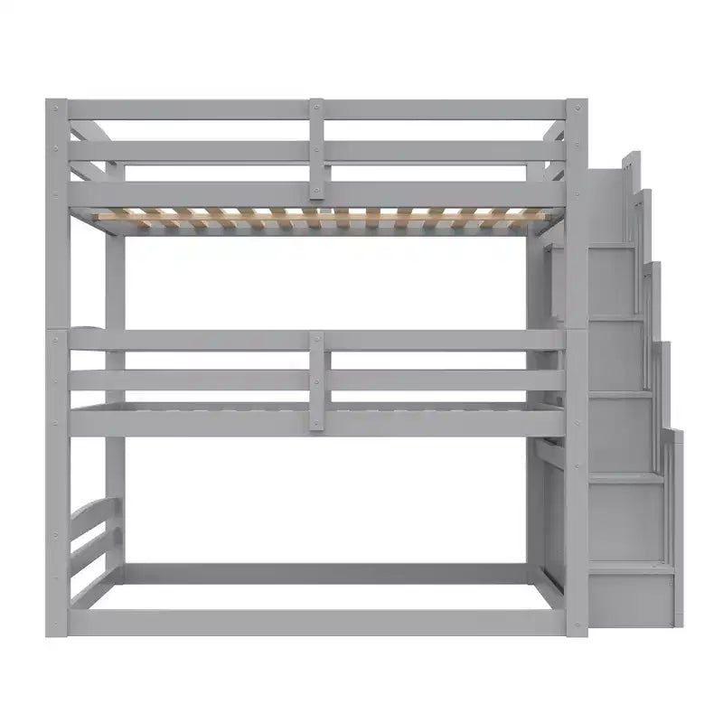 Luxystar Full Size Wooden Triple Bunk Bed with Storage Staircase