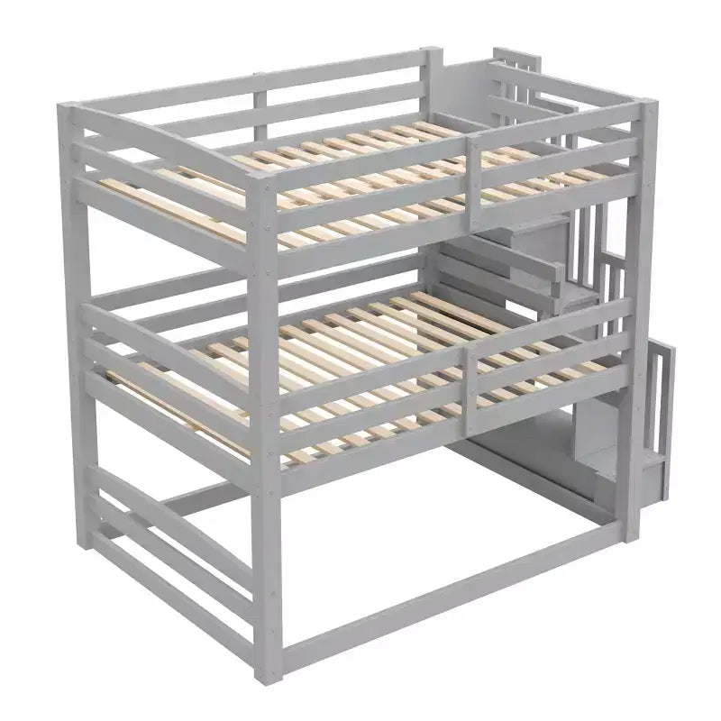 Luxystar Full Size Wooden Triple Bunk Bed with Storage Staircase