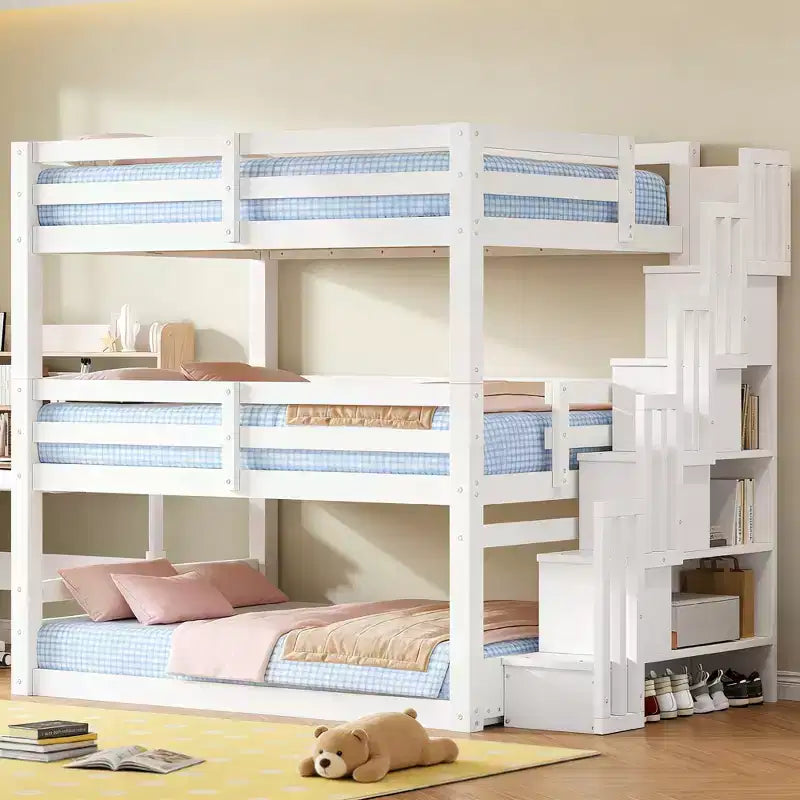 Luxystar Full Size Wooden Triple Bunk Bed with Storage Staircase