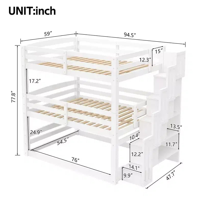 Luxystar Full Size Wooden Triple Bunk Bed with Storage Staircase