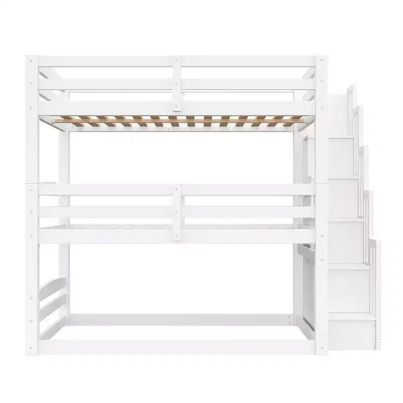 Luxystar Full Size Wooden Triple Bunk Bed with Storage Staircase