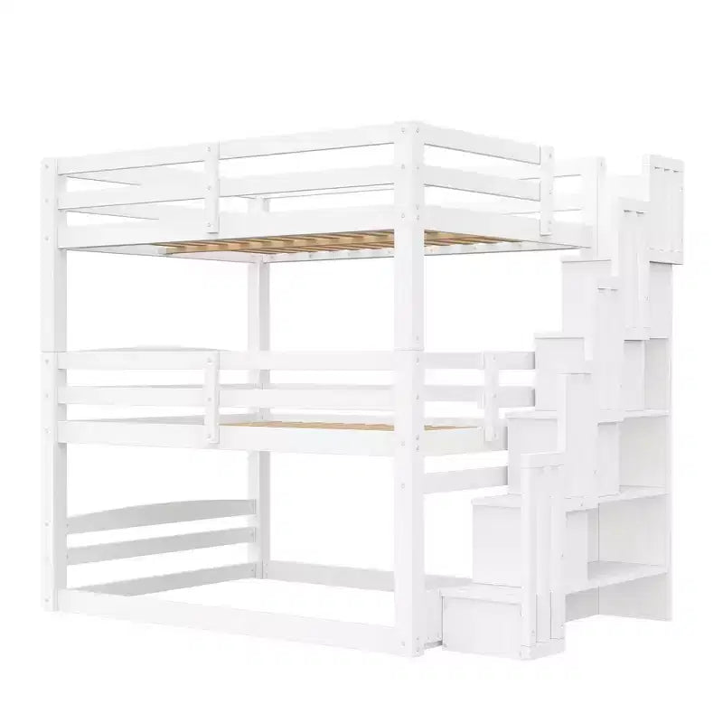 Luxystar Full Size Wooden Triple Bunk Bed with Storage Staircase