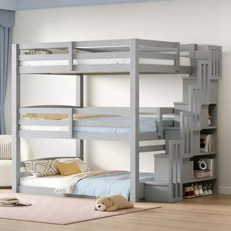 Luxystar Full Size Wooden Triple Bunk Bed with Storage Staircase