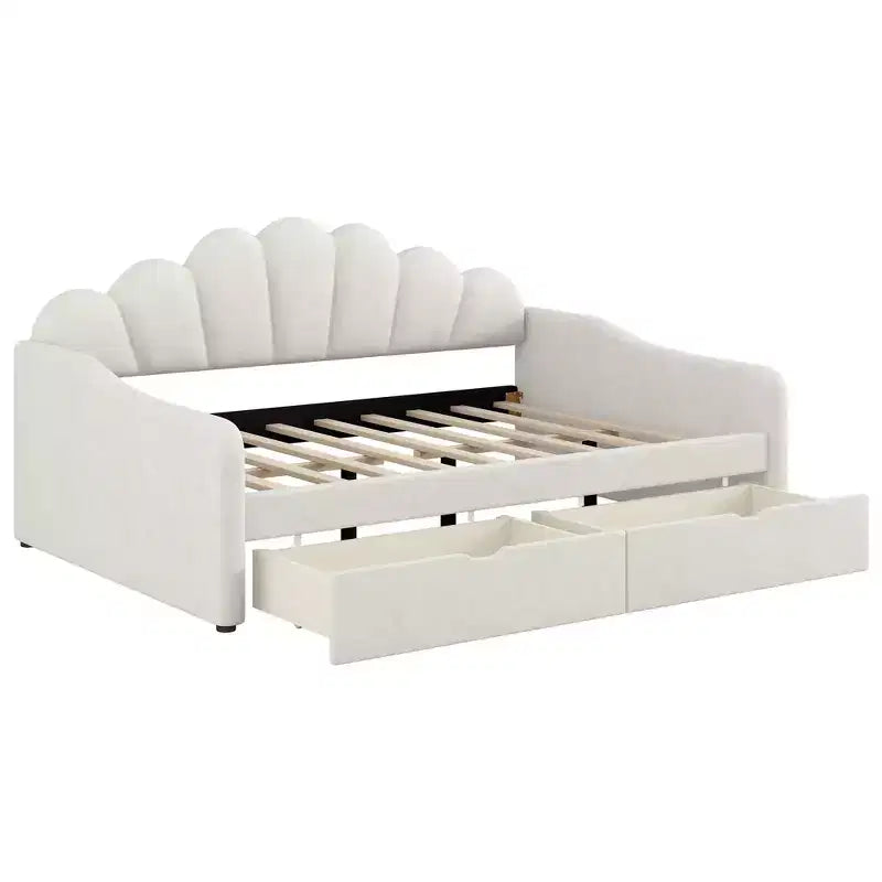 Lit de repos pleine grandeur avec rangement, canapé-lit rembourré en velours avec 2 tiroirs, cadre de lit de repos moderne avec dossier en forme de coquille