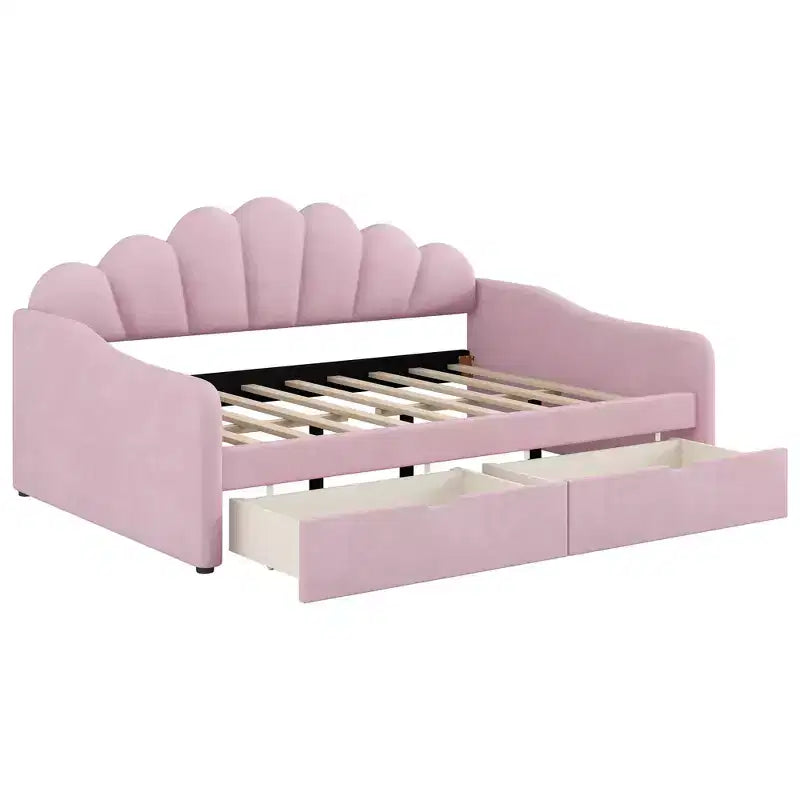 Lit de repos pleine grandeur avec rangement, canapé-lit rembourré en velours avec 2 tiroirs, cadre de lit de repos moderne avec dossier en forme de coquille