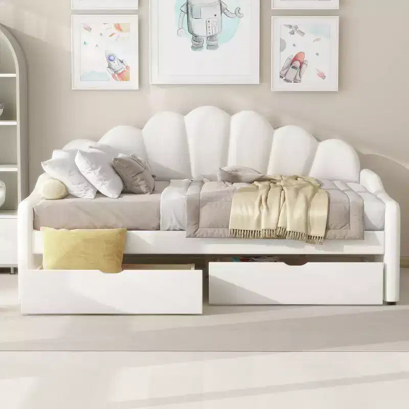 Lit de repos pleine grandeur avec rangement, canapé-lit rembourré en velours avec 2 tiroirs, cadre de lit de repos moderne avec dossier en forme de coquille