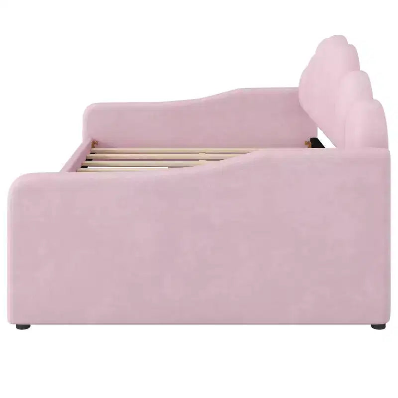 Lit de repos pleine grandeur avec rangement, canapé-lit rembourré en velours avec 2 tiroirs, cadre de lit de repos moderne avec dossier en forme de coquille