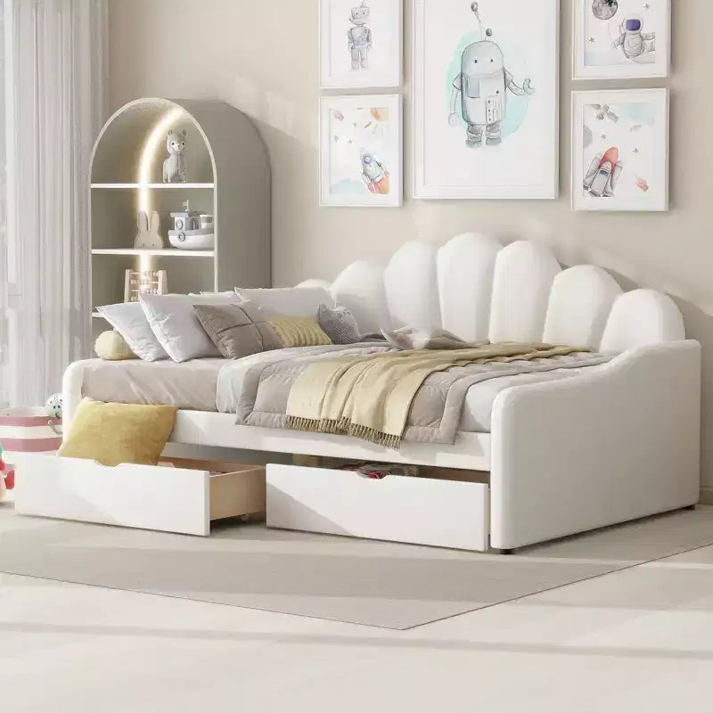 Lit de repos pleine grandeur avec rangement, canapé-lit rembourré en velours avec 2 tiroirs, cadre de lit de repos moderne avec dossier en forme de coquille