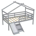 Lit mezzanine double avec toboggan et échelle pour adolescents, lit mezzanine bas en bois avec barrières de sécurité, lit mezzanine design maison, gris