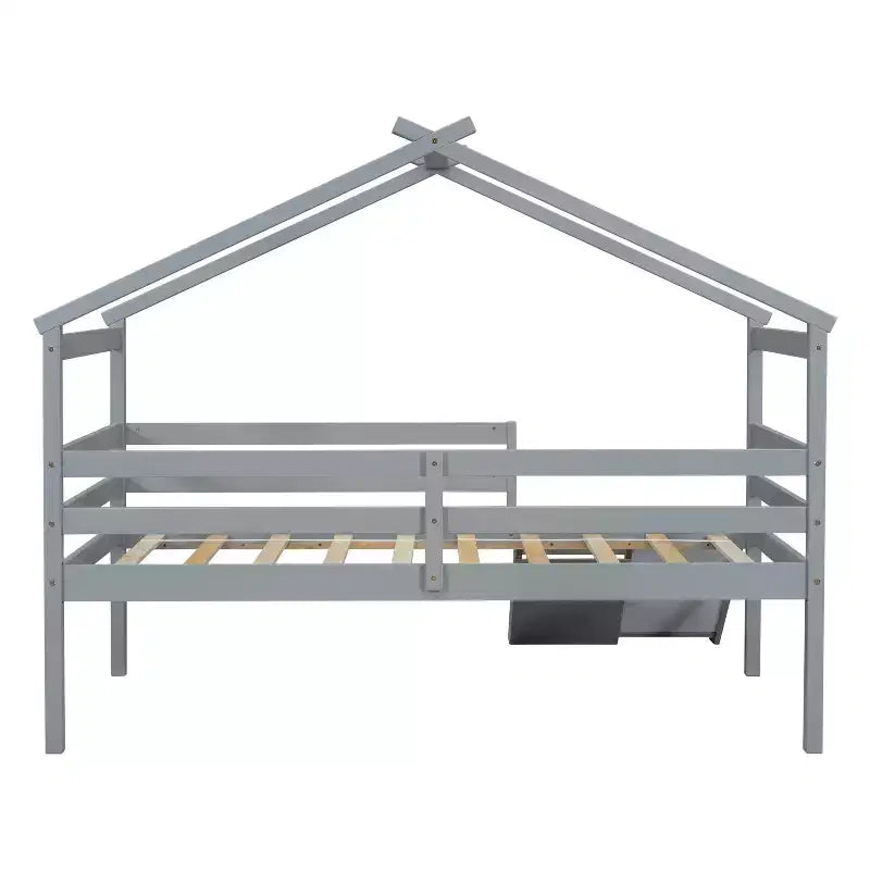 Lit mezzanine double avec toboggan et échelle pour adolescents, lit mezzanine bas en bois avec barrières de sécurité, lit mezzanine design maison, gris
