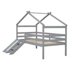 Lit mezzanine double avec toboggan et échelle pour adolescents, lit mezzanine bas en bois avec barrières de sécurité, lit mezzanine design maison, gris