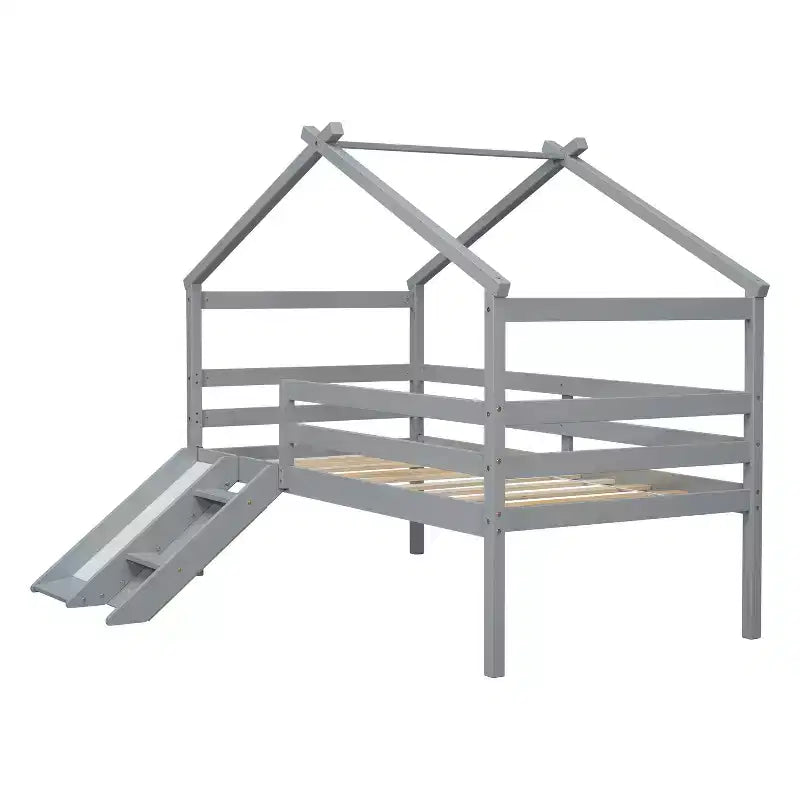 Lit mezzanine double avec toboggan et échelle pour adolescents, lit mezzanine bas en bois avec barrières de sécurité, lit mezzanine design maison, gris
