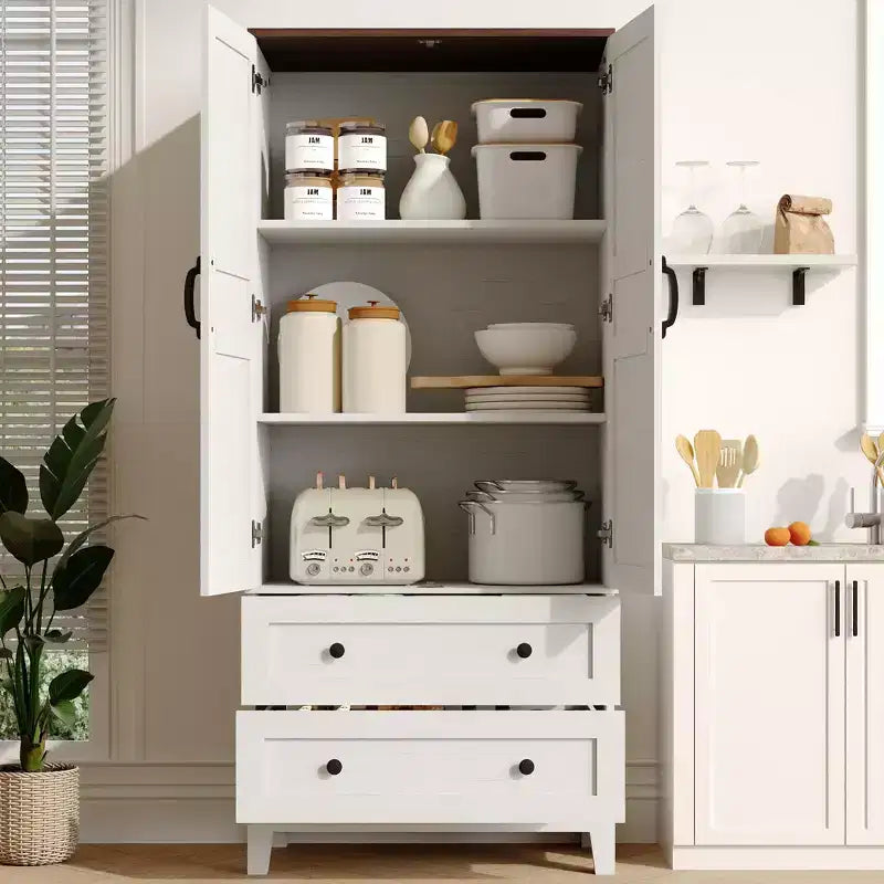 65 Tall Storage Cabinet with 2 DIY Adjustable Shelves, Farmhouse Wooden Pantry w/ 2 Doors & 2 Drawers, Freestanding Bookcases for Dining Room