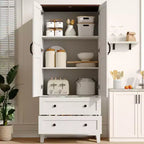 65 Tall Storage Cabinet with 2 DIY Adjustable Shelves, Farmhouse Wooden Pantry w/ 2 Doors & 2 Drawers, Freestanding Bookcases for Dining Room