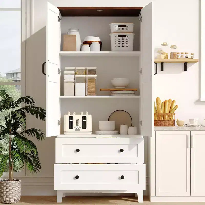 65 Tall Storage Cabinet with 2 DIY Adjustable Shelves, Farmhouse Wooden Pantry w/ 2 Doors & 2 Drawers, Freestanding Bookcases for Dining Room