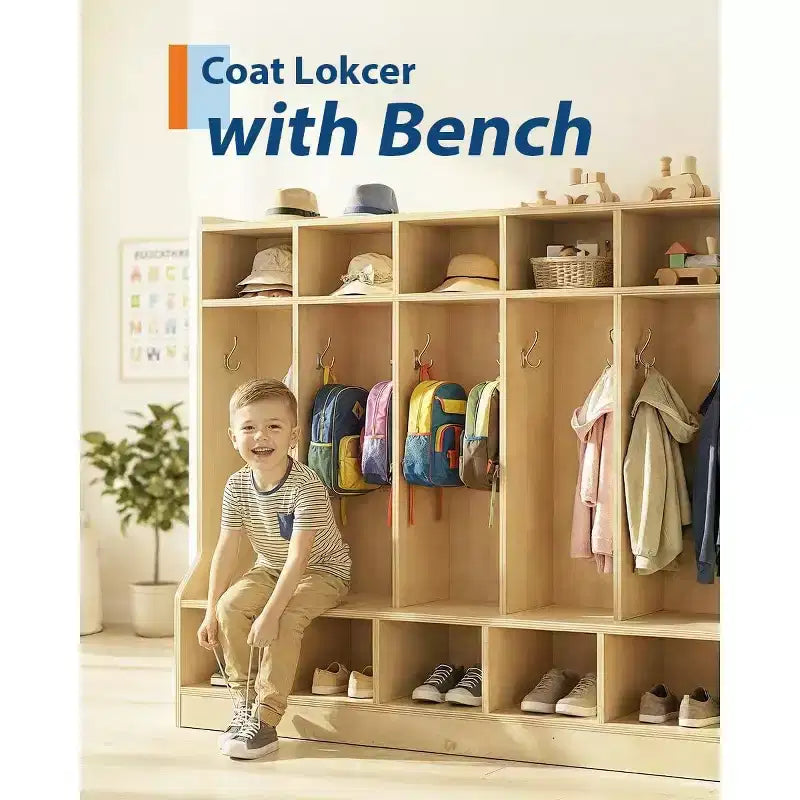 Kids Coat Locker, Smooth Wood Surface 10 Cubbies, Daycare Cubby with 4 Hidden Casters & 10 Hooks, Cubby Storage Organizer for Nursery, Home, School