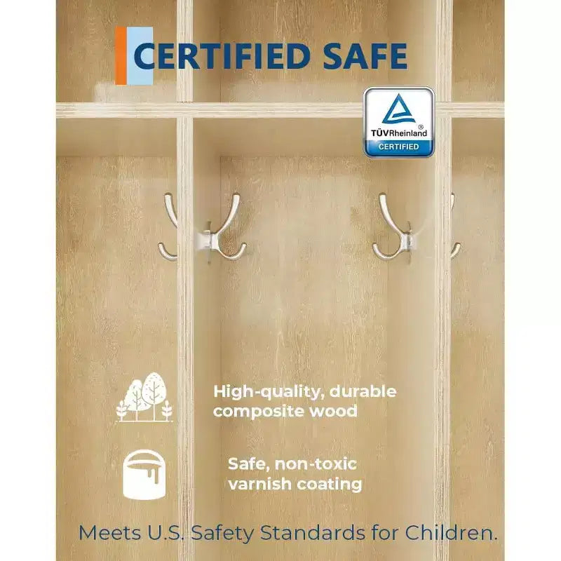 Kids Coat Locker, Smooth Wood Surface 10 Cubbies, Daycare Cubby with 4 Hidden Casters & 10 Hooks, Cubby Storage Organizer for Nursery, Home, School