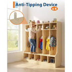 Kids Coat Locker, Smooth Wood Surface 10 Cubbies, Daycare Cubby with 4 Hidden Casters & 10 Hooks, Cubby Storage Organizer for Nursery, Home, School
