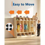 Kids Coat Locker, Smooth Wood Surface 10 Cubbies, Daycare Cubby with 4 Hidden Casters & 10 Hooks, Cubby Storage Organizer for Nursery, Home, School