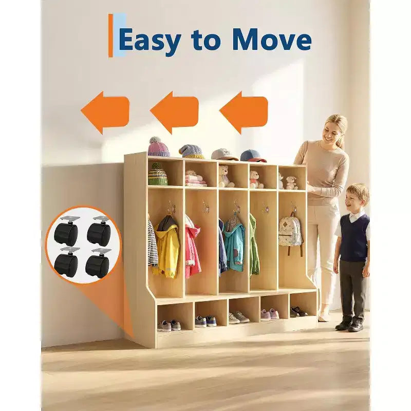 Kids Coat Locker, Smooth Wood Surface 10 Cubbies, Daycare Cubby with 4 Hidden Casters & 10 Hooks, Cubby Storage Organizer for Nursery, Home, School