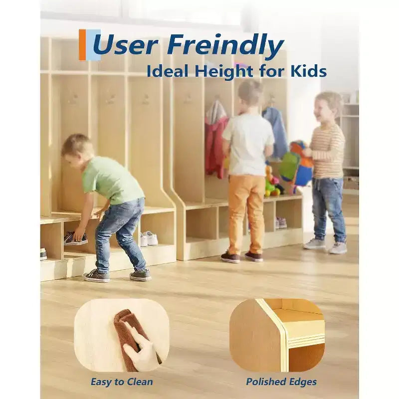 Kids Coat Locker, Smooth Wood Surface 10 Cubbies, Daycare Cubby with 4 Hidden Casters & 10 Hooks, Cubby Storage Organizer for Nursery, Home, School