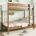Bunk Bed Twin Over Twin with Upholstered Headboard and Footboard for Kids Teens, Wooden Bunk Bed Frame with Ladder and Guardrails, Natural