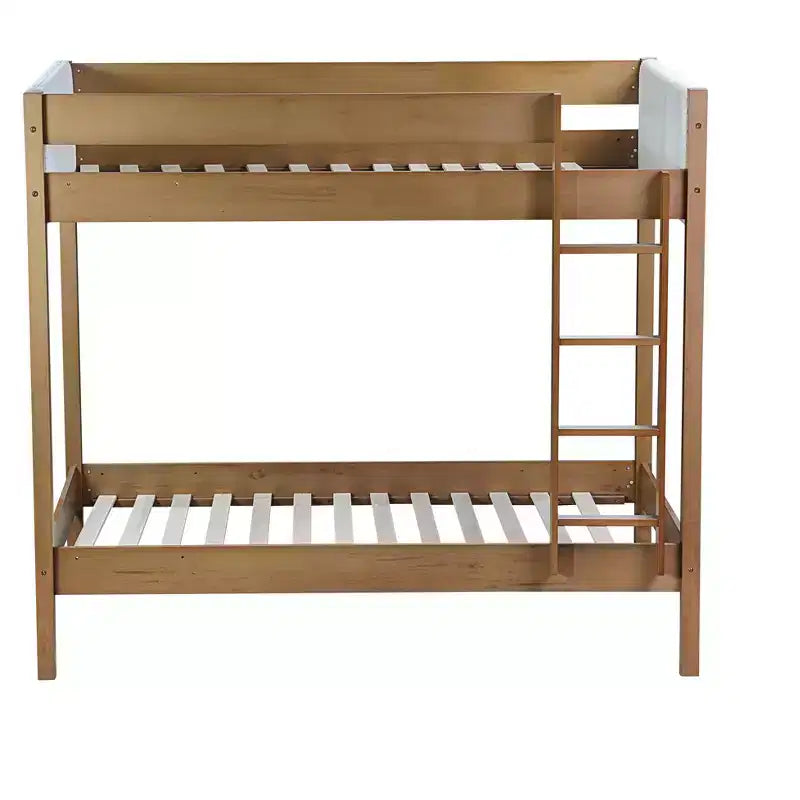 Bunk Bed Twin Over Twin with Upholstered Headboard and Footboard for Kids Teens, Wooden Bunk Bed Frame with Ladder and Guardrails, Natural